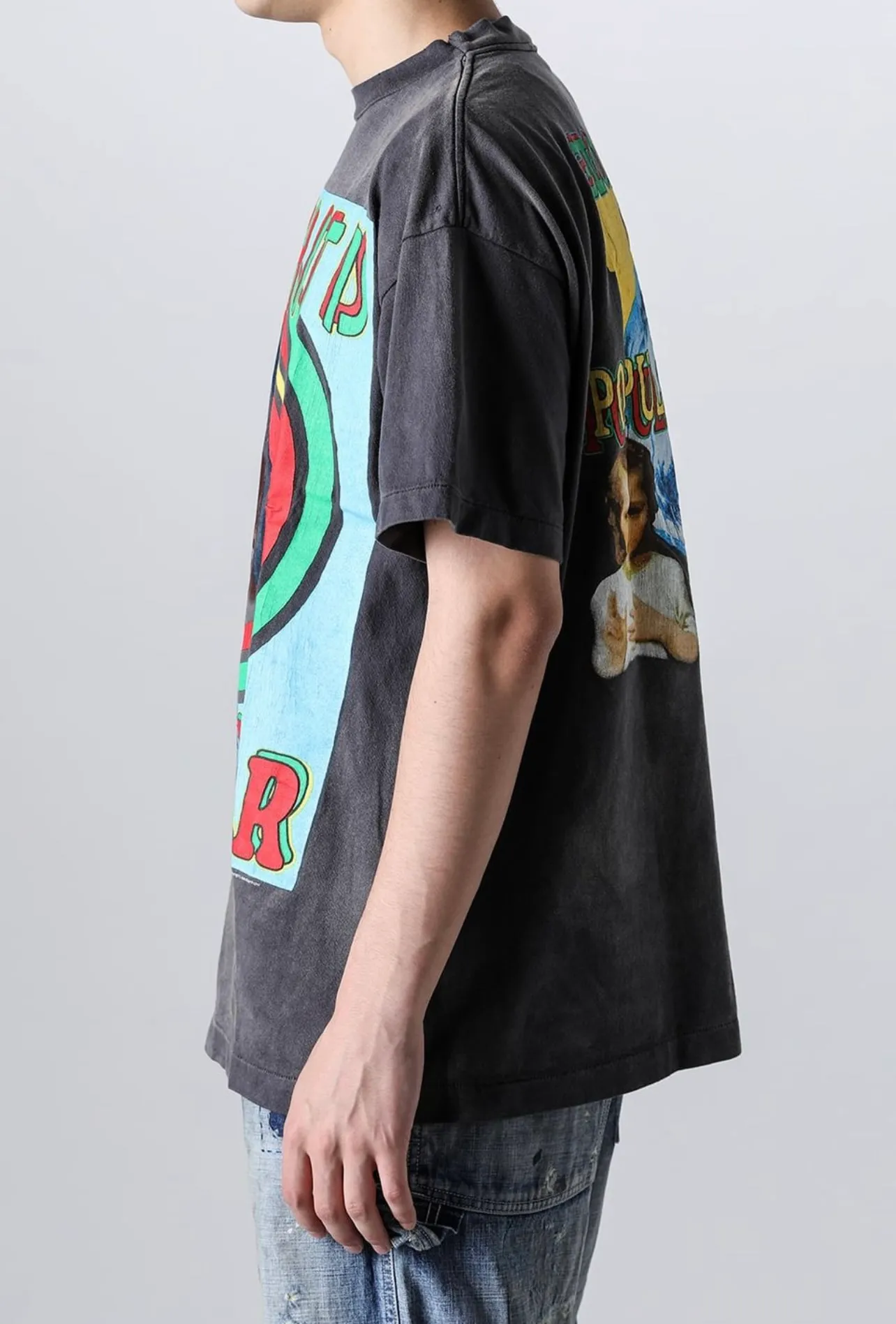 SAINT MICHAEL SS TEE/ON EARTH/BLK Jesus, Mary, Holy Infant Earth TEE Ready-to-wear Assut special piece dyeing, washed and distressed Vintage process, front and rear super complex super large printing, top purchasing agent technology